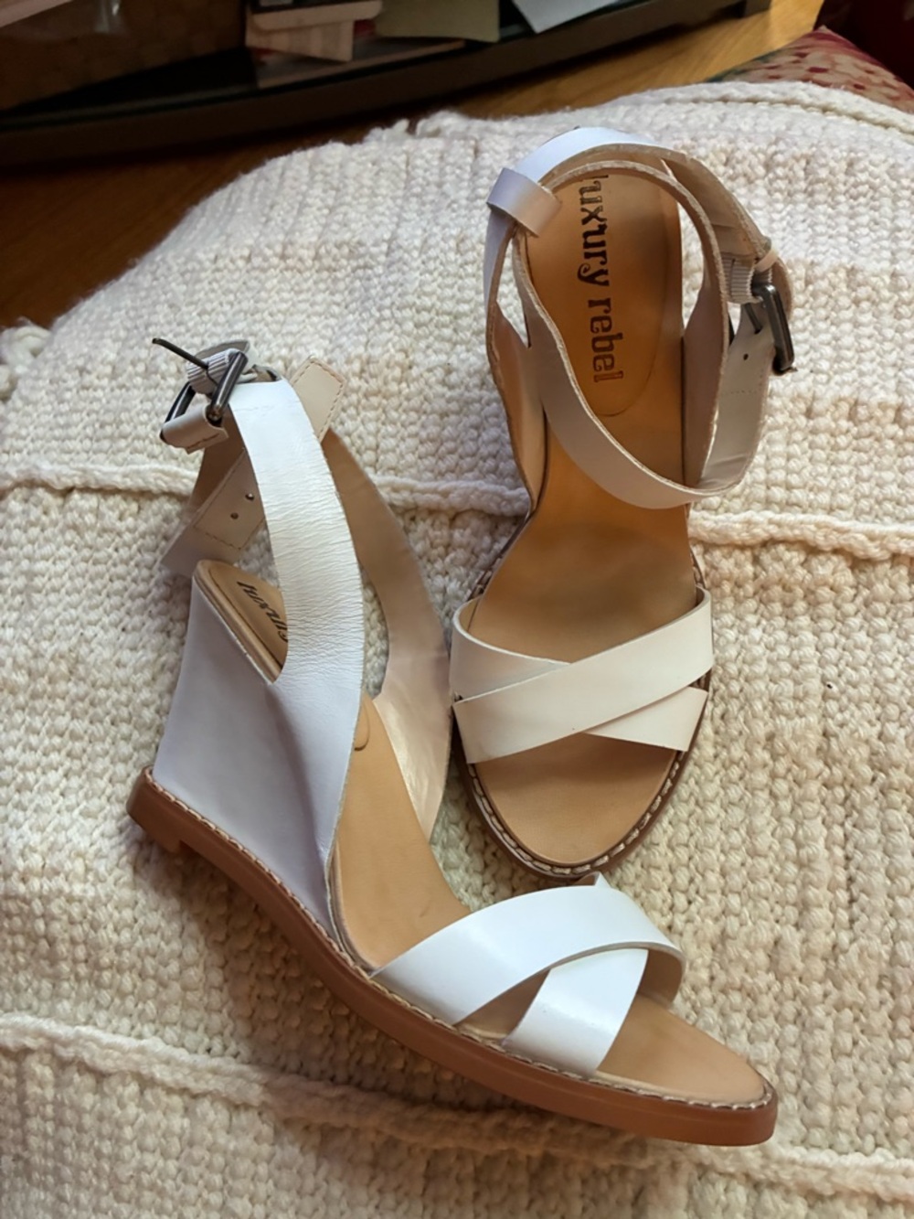 luxury rebel White Leather Crisscross Ankle Strap Wedges